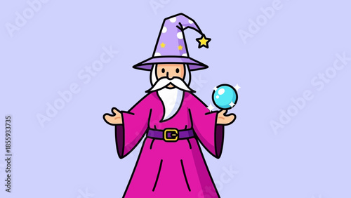 Cartoon Wizard with Crystal Ball Casting a Spell.