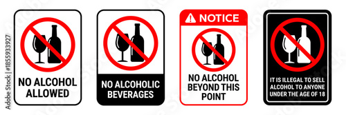 Alcohol not allowed sign icon set. Prohibited Drinks And Alcoholic Beverages. No drink. Don't drink. No alcohol sign, logo, badge, icon, label, stamp, symbol, line, flat vector, isolated illustration.