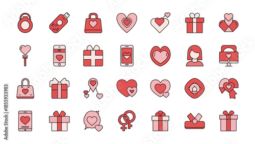 Valentine's Day Icon Set: A vibrant collection of Valentine's Day icons, featuring hearts, gifts, and other romantic symbols, perfect for conveying feelings of love and affection.