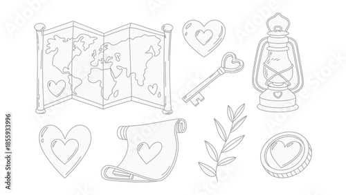 Love's Journey Map: A collection of charming hand-drawn illustrations features a map, hearts, key, lantern, scroll, coin, and a sprig of leaves. This image represents adventure, love.