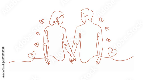 Eternal Connection: A delicate line drawing captures the tender moment between two lovers, hands intertwined, surrounded by hearts, symbolizing an eternal bond of affection and commitment.
