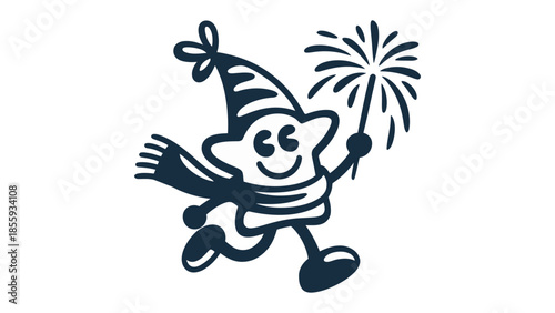 Star Mascot in Festivity: A joyful star mascot, radiating pure joy, leaps with excitement, igniting a firework wand, heralding an unforgettable celebration.