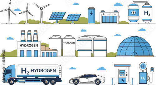 Hydrogen energy and clean fuel vector illustration set with production plants, storage tanks, renewable power, transport trucks, and refueling stations for sustainable energy concepts