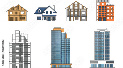 Residential and commercial building vector illustration set with houses, apartments, and skyscrapers, modern urban architecture designs for real estate and cityscape concepts