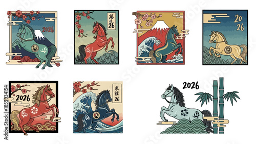 Collection of seven Japanese Ukiyo-e style illustrations featuring horses, Mount Fuji, cherry blossoms, and waves, celebrating the Year of the Horse 2026.