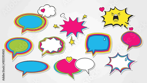 A vibrant collection of comic-style speech bubbles and thought clouds in various shapes and colors, featuring pop art elements like hearts and stars.