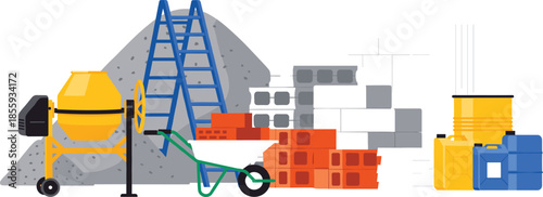 Construction materials and equipment vector illustration with cement mixer, bricks, blocks, ladder, wheelbarrow, and concrete supplies for building and renovation concepts