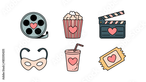 Movie Night Essentials: A collection of cinematic delights, with each element meticulously adorned with a heart, symbolizing the joy and passion of cinema.