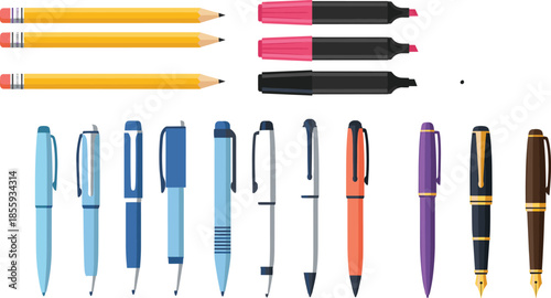 Writing instruments vector illustration set with pencils, pens, markers, and highlighters, stationery tools for education, office, school, and creative design use