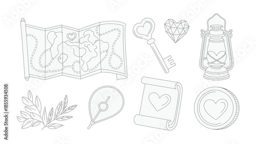 Love's Guiding Symbols: An artistic array of heart-themed objects is arranged in a delicate monochrome composition. Including Map, Key, Gem, Lantern, Wreath, Pen, Scroll, Coin, representing affection