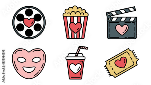 Love in the Cinema Icon Collection: Adorable icons embodying the essence of cinema: a film reel, popcorn, clapperboard, mask, drink, and ticket. These icons capture the joy, romance.