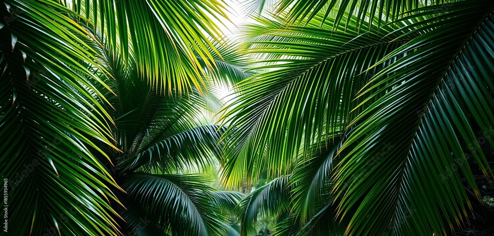 Fototapeta premium Lush green palm fronds create dense jungle canopy, greenery, vegetation