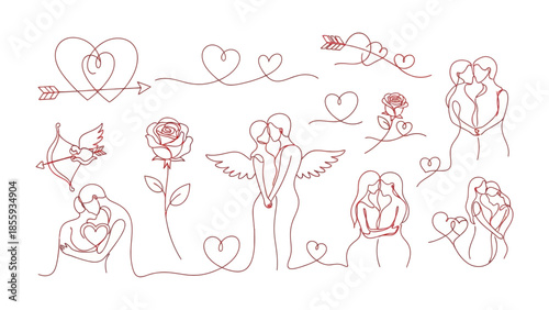 Eternal Affection Line Art: A delicate line art illustration depicts romantic symbols and loving pairs, ideal for expressing themes of affection and unity.