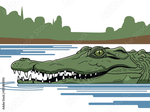 Modern vector illustration of close up crocodile head above river water, strong flat style wildlife portrait, ideal for nature and education visuals