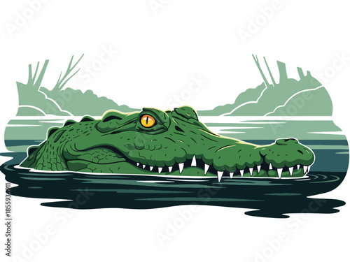 Modern vector illustration of close up crocodile head above river water, strong flat style wildlife portrait, ideal for nature and education visuals