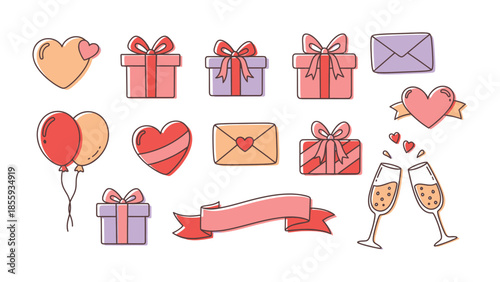 Love in Every Detail: A collection of charming Valentine's Day icons, each whispering a tale of affection and celebration. Envelopes, gifts, hearts, balloons.
