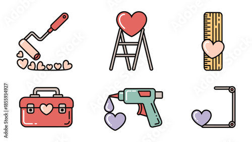 Valentine's Day Icon Set: An assortment of creative icons for valentine's day, including ladder with love heart, paint roller with heart shapes, toolbox with love heart, glue gun with love heart.