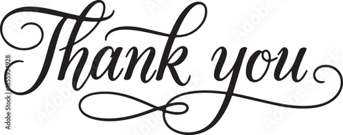 Elegant Black 'Thank you' Calligraphy Script with Decorative Swirls, Isolated Vector