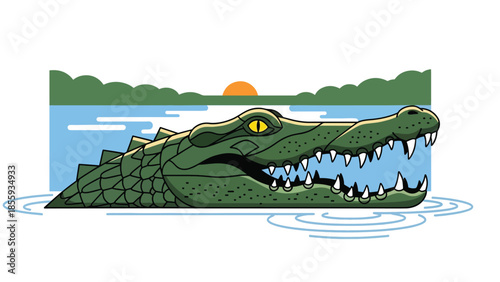 Modern vector illustration of close up crocodile head above river water, strong flat style wildlife portrait, ideal for nature and education visuals