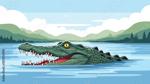 Modern vector illustration of close up crocodile head above river water, strong flat style wildlife portrait, ideal for nature and education visuals