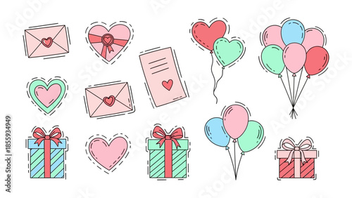Symbols of Love and Celebration: A vibrant collection of hearts, balloons, envelopes, and gifts represents love, affection, and special occasions.