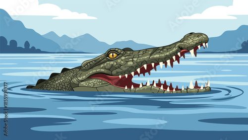 Modern vector illustration of close up crocodile head above river water, strong flat style wildlife portrait, ideal for nature and education visuals