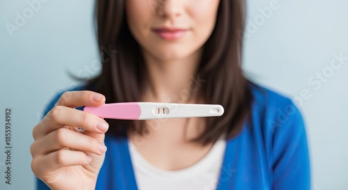  Anticipation of Life: A woman delicately holds a pregnancy test, a beacon of hope, revealing the dawn of a new life and the anticipation of motherhood. 