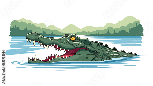 Modern vector illustration of close up crocodile head above river water, strong flat style wildlife portrait, ideal for nature and education visuals