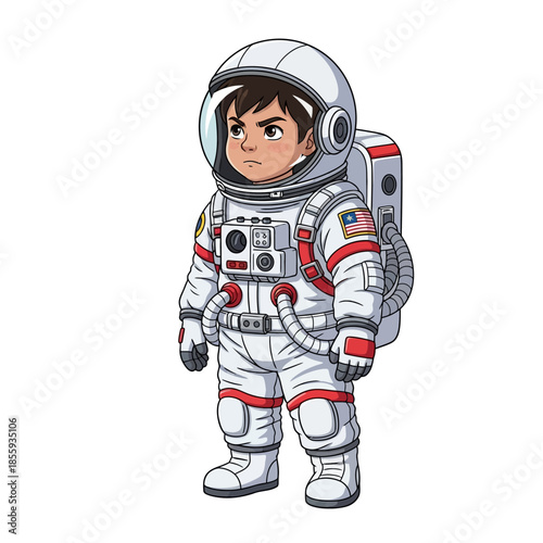 Envisioning juvenile exploration astronaut ready to discover unknown universe territories of space