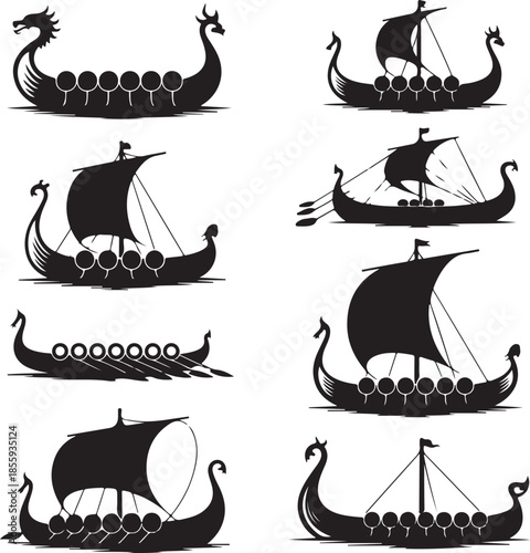 Collection of viking longship silhouette illustrations in various styles