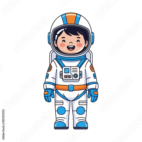 Illustrative young astronaut in a spacesuit preparing for galactic exploration and discovery