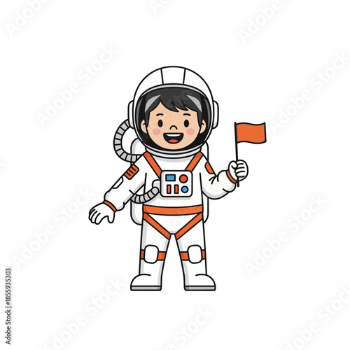 Enthusiastic cartoon astronaut triumphantly plants a flag on a distant planet of space exploration