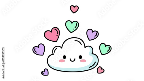 Cloud of Affection: An endearing illustration of a cheerful cloud, radiating love with hearts of various colors, creating a heartwarming and charming scene.