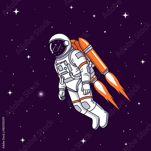 Whimsical astronaut exploring the cosmos with a jetpack in a starry expanse