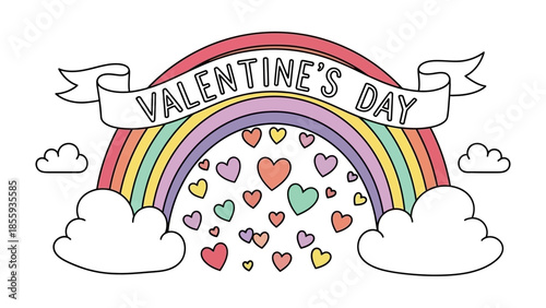 Rainbow of Love for Valentine's Day: A vibrant illustration showcasing the spirit of Valentine's Day, with a colorful rainbow, fluffy clouds, and floating hearts representing affection and joy. 