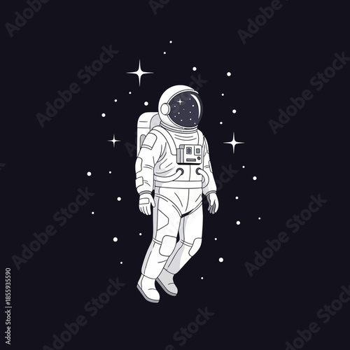 Astronaut Floating in Starry Space: A Detailed Hand Drawn White Line Art Illustration