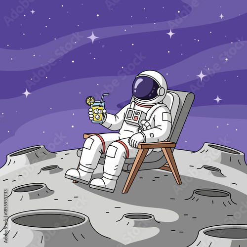 Astronaut Relaxing with Drink on Moon Surface Among Stars in Cosmic Stillness