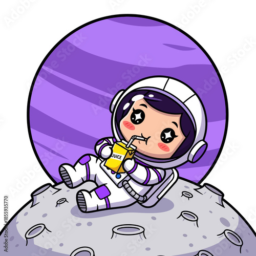 Cartoon astronaut enjoying cosmic beverage break on lunar surface with planet backdrop