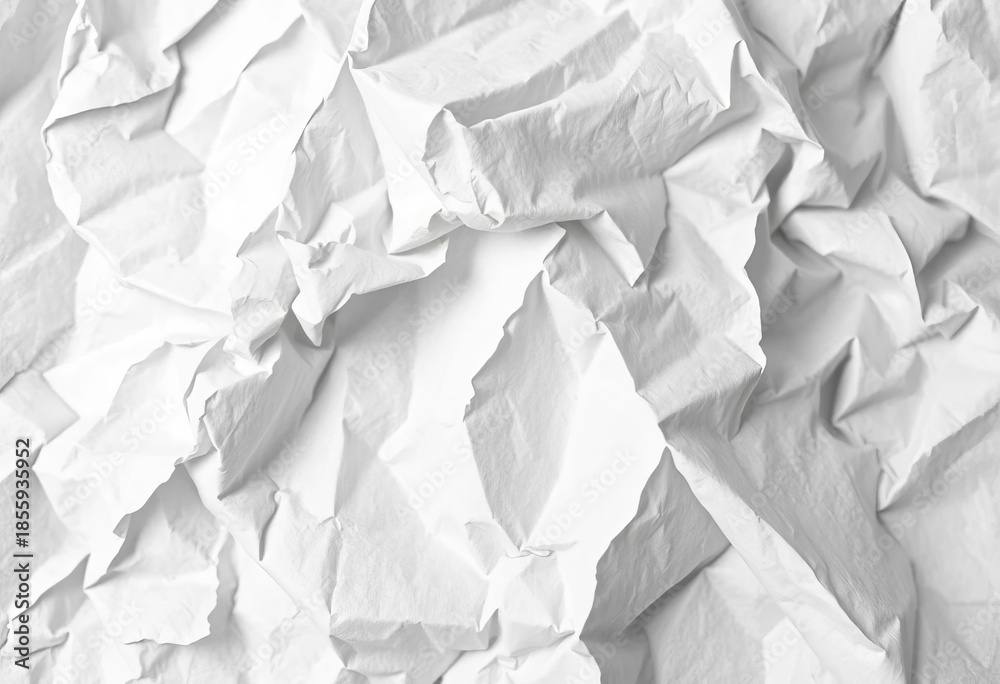 Obraz premium Close-up of a crumpled sheet of white paper, showing deep creases and texture, office, wrinkled paper