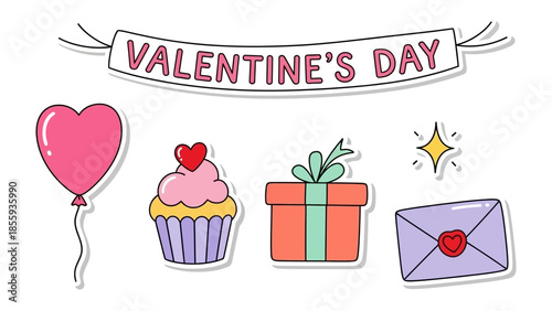Valentine's Day Emblems: A charming collection of emblems for valentine's day, including a heart-shaped balloon, cupcake, present, and envelope.