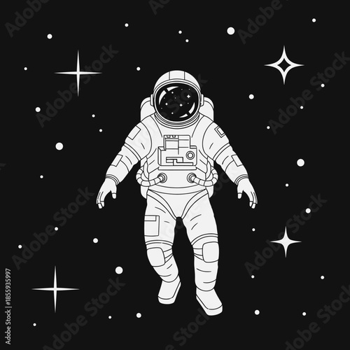 Linear astronaut illustration in outer space among twinkling stars exploration concept
