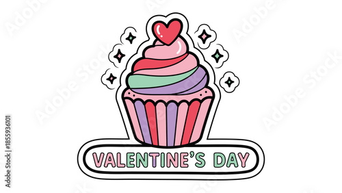 Sweet Valentine's Cupcake: A delightful, colorful cupcake, crowned with a heart and the words Valentine's Day, is perfect for celebrating love and affection.