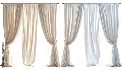 Four elegantly draped, off-white curtains against a black background, tied to the side
