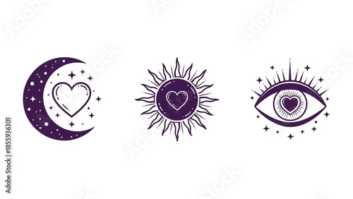 Celestial Trio: An evocative display of cosmic symbols, showcasing a crescent moon, a radiant sun, and a mystical eye, each adorned with a heartfelt emblem.