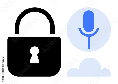Online privacy, cybersecurity, voice recognition, data protection, cloud services, digital security. Black padlock, blue microphone icon cloud element. Online privacy and cybersecurity