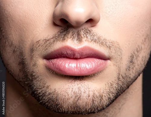 Close-up of a man's face, focusing on his lips and nose with a partially visible beard. The skin appears healthy