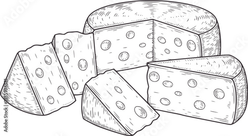 Black and white hand drawn Swiss cheese wedge and slices line