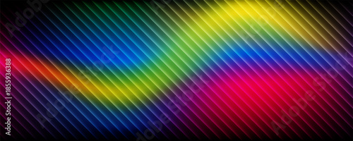 Neon ribbed fractal glass texture with vibrant rainbow gradients and bright smooth fluted horizontal lines.