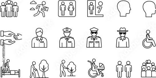 Large set of public service line icons featuring diverse people symbols security personnel restroom signs accessibility icons for disabled individuals and crowd representation