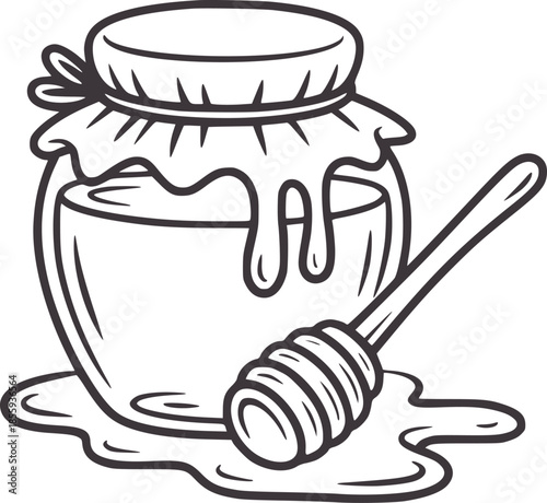 Black and white line of a classic honey jar with dripping honey and dipper